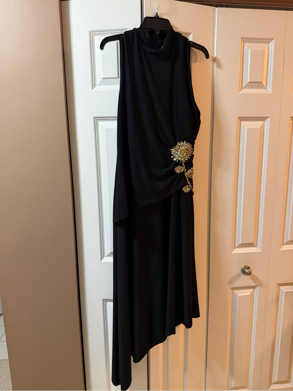 JS Collections Black High-Low Evening Dress with Gold Floral Accent